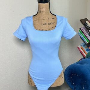 Women’s Sky Blue Square Neck Short Sleeve Shapewear Bodysuit